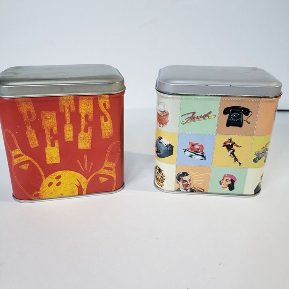 Lot of 2 Vintage Fossil Watch Tin Boxes Only Retro Art & Pete's Bowling NO WATCH